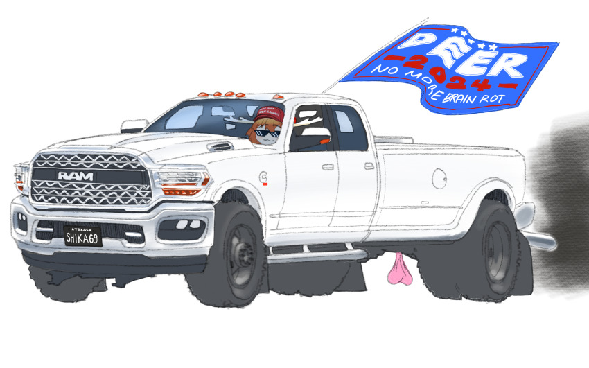 1girl :3 antlers closed_mouth commentary deer_antlers deer_girl dodge_(company) driving english_commentary flag flag_on_vehicle flagpole highres horns license_plate make_america_great_again motor_vehicle pickup_truck ram_pickup ricd0m shikanoko_noko shikanoko_nokonoko_koshitantan simple_background smoke solo sunglasses truck truck_nuts white_background