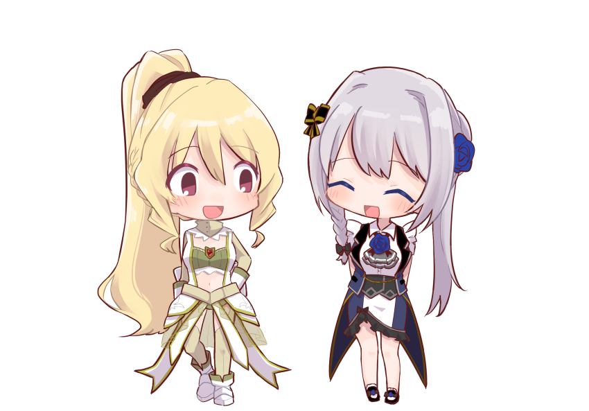2girls ^_^ armored_boots arms_behind_back ascot back_bow bare_legs bare_shoulders black_ascot black_bow black_ribbon black_scrunchie black_shoes blonde_hair blue_bow blue_flower blue_rose blue_skirt blue_vest boots bow bow_skirt braid brooch buttons chest_jewel chibi closed_eyes clothing_cutout coattails collar collared_vest commentary_request cropped_shirt detached_collar dress fleur-de-lis flower flower_brooch footwear_bow frilled_collar frilled_shirt frilled_skirt frilled_socks frills gem gloves green_collar green_pantyhose green_shirt grey_ascot grey_gloves hair_between_eyes hair_bow hair_flower hair_ornament hair_scrunchie hand_on_own_hip happy high_collar high_ponytail highres jewelry lapels light_blush long_hair long_sleeves magia_record:_mahou_shoujo_madoka_magica_gaiden magical_girl mahou_shoujo_madoka_magica mary_janes medium_dress multiple_girls nape_braid navel neck_ribbon notched_lapels open_clothes open_dress open_mouth open_vest pantyhose pencil_skirt pink_eyes ponytail red_gemstone ribbon rose scrunchie shirt shoes side_braid simple_background single_braid skirt sleeveless sleeveless_shirt smile socks standing stomach_cutout tareme thigh_cutout togame_momoko two-sided_vest two-tone_skirt ultimate_magnum very_long_hair vest white_background white_boots white_bow white_dress white_gloves white_shirt white_skirt white_socks yakumo_mitama