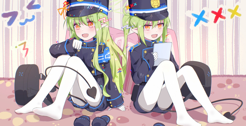 ! !! 2girls :d abigcarrot_owo absurdres arm_support armband backpack bag belt black_bag black_belt blue_archive blue_armband blue_hat blue_jacket blue_shorts blue_skirt blue_slippers blush buttoned_cuffs buttons charm_(object) chinese_commentary cropped_jacket demon_tail dot_nose double-breasted fang full_body gloves green_hair green_halo halo hand_up hat highres hikari_(blue_archive) holding holding_tablet_pc indoors jacket kaomoji kepi knees_together_feet_apart knees_up legs legs_apart long_hair long_sleeves looking_ahead looking_at_viewer military_hat military_uniform miniskirt multiple_girls no_shoes nozomi_(blue_archive) on_floor open_mouth pantyhose peaked_cap pleated_skirt pointy_ears short_shorts shorts siblings sidelocks sisters sitting skin_fang skirt sleeve_cuffs sleeves_past_wrists slippers smile striped_wall tablet_pc tail tail_around_own_leg thick_eyebrows twins twintails unworn_backpack unworn_bag unworn_slippers very_long_hair white_gloves white_pantyhose yellow_eyes
