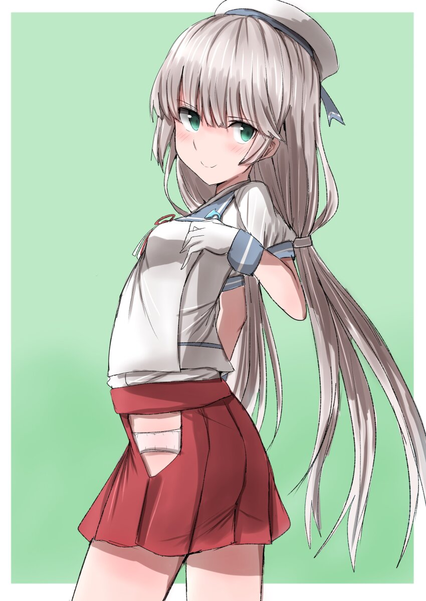 1girl absurdres blue_sailor_collar border cowboy_shot gloves green_background green_eyes grey_hair hat highres hip_vent kamaboko_senshi kantai_collection leaning_back long_hair low_twintails mikura_(kancolle) panties pleated_skirt puffy_short_sleeves puffy_sleeves red_skirt sailor_collar sailor_hat sailor_shirt shirt short_sleeves skirt smile solo standing twintails two-tone_background underwear white_border white_gloves white_hat white_panties white_shirt