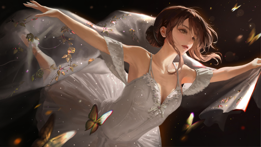 1girl absurdres armpits ballerina ballet ballet_slippers bangsom black_background breasts brown_eyes brown_hair bug butterfly dress earrings hair_bun highres insect jewelry looking_afar looking_ahead mole mole_under_eye original outstretched_arms parted_lips red_lips sidelocks small_breasts solo tutu white_dress white_footwear