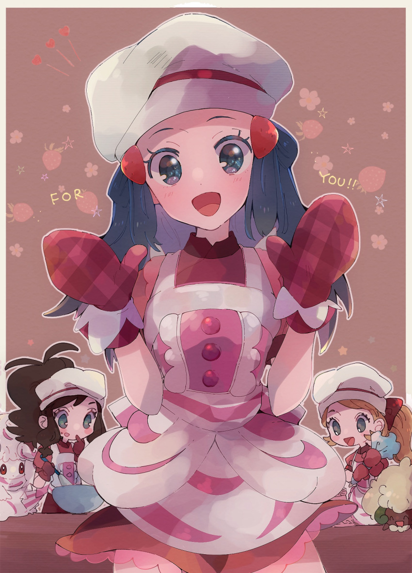 3girls :d alcremie apron black_hair blush buttons commentary_request cosplay dawn_(palentine&#039;s_2021)_(pokemon) dawn_(pokemon) dawn_(pokemon)_(cosplay) dress english_text eyelashes food frills fruit gen_5_pokemon gen_8_pokemon grey_headwear hair_ornament hairclip hat head_tilt highres hilda_(pokemon) long_hair looking_at_viewer misha_(ohds101) mittens mixing_bowl multiple_girls nintendo official_alternate_costume open_mouth pokemon pokemon_bw pokemon_masters_ex pokemon_xy red_dress red_mittens serena_(pokemon) smile strawberry tongue whimsicott whisk