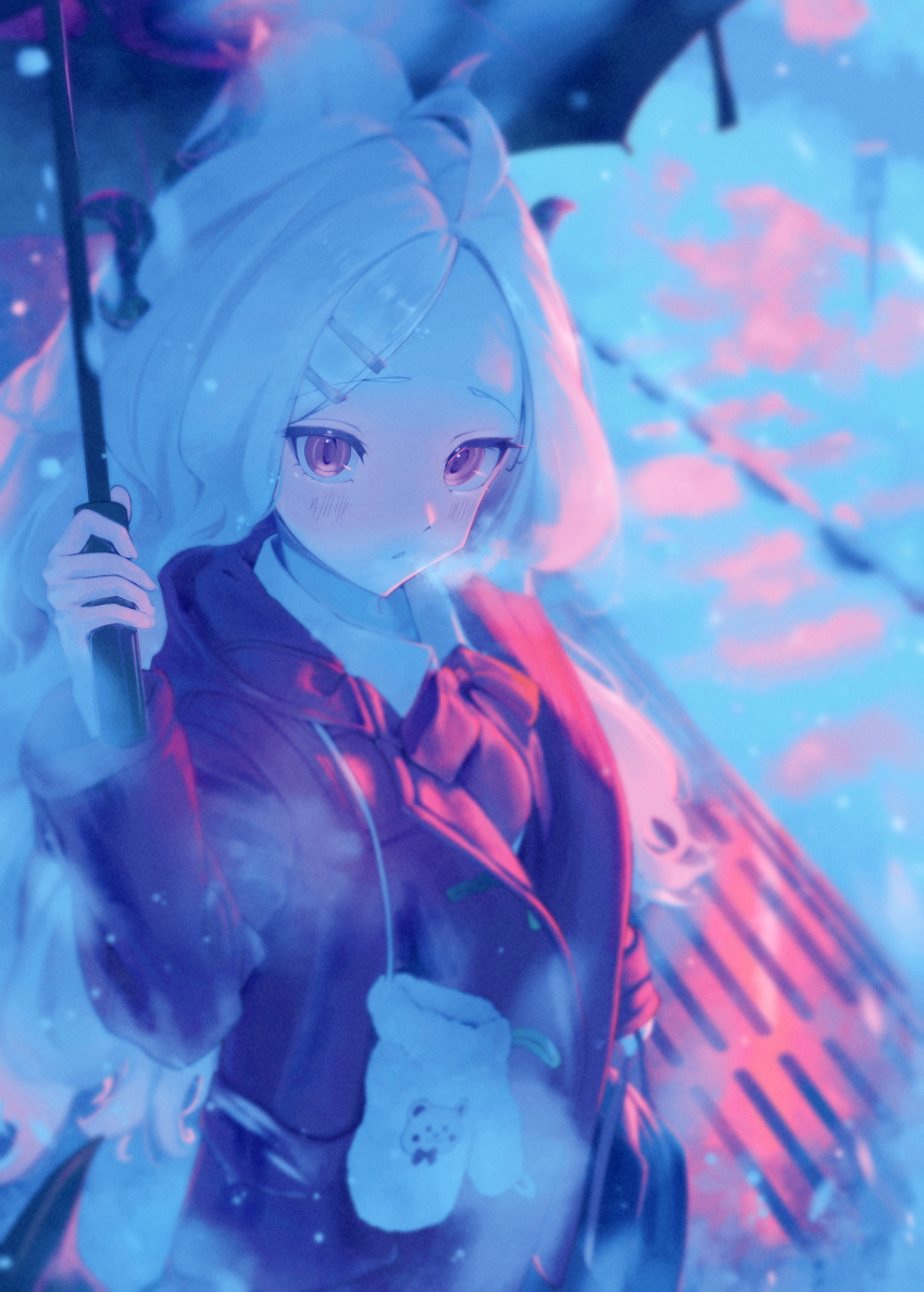 1girl absurdres alternate_costume black_jacket black_ribbon blue_archive demon_girl demon_horns forehead highres hina_(blue_archive) holding holding_umbrella horns jacket long_hair mittens phoebe_(user_vvpf4584) purple_eyes ribbon shirt snow umbrella white_hair white_mittens white_shirt