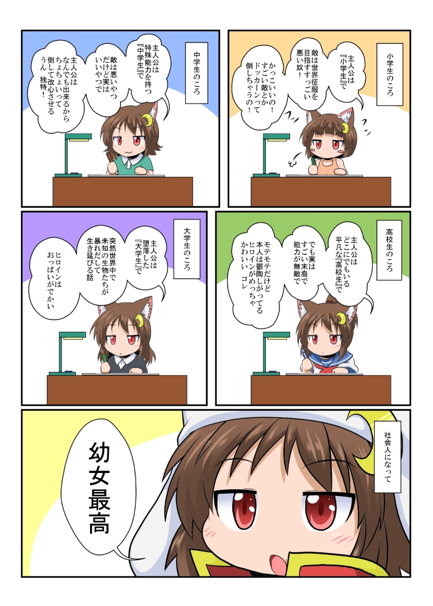 1girl age_progression animal_ears black_jacket blush_stickers brown_hair cat_ears cat_girl commentary_request crescent crescent_hair_ornament expressionless hair_ornament hat highres holding holding_pen jacket lamp medium_hair mikazuki_neko mikazuki_neko_(character) no_mouth orange_tank_top original pen red_hair school_uniform serafuku short_hair smile table tank_top white_hat writing