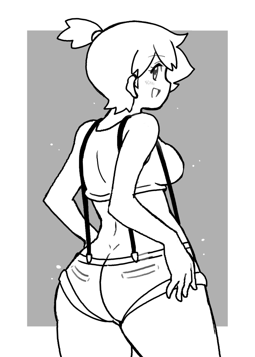 1girl absurdres ass bare_legs blush breasts butt_crack curvy denim denim_shorts dimples_of_venus gym_leader highres koutarosu looking_at_viewer looking_back medium_breasts micro_shorts misty_(pokemon) monochrome nintendo open_mouth pokemon pokemon_(anime) pokemon_(classic_anime) shirt short_shorts shorts side_ponytail wide_hips