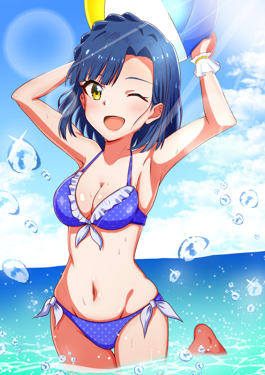 1girl arms_up ball beachball bikini blue_bikini blue_hair braid breasts cleavage crown_braid frilled_bikini frills highres horizon idolmaster idolmaster_million_live! looking_at_viewer medium_breasts mimiu_p nanao_yuriko ocean open_mouth polka_dot polka_dot_bikini short_hair side-tie_bikini_bottom smile solo swimsuit yellow_eyes