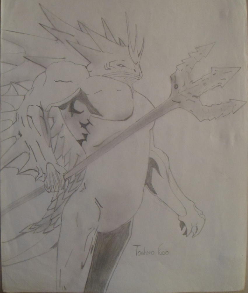 absurdres artist_name greyscale highres holding holding_staff monochrome monster nostrils polearm spine spines staff standing tail toshiro_fudo traditional_media trident weapon yu-gi-oh! yu-gi-oh!_duel_monsters