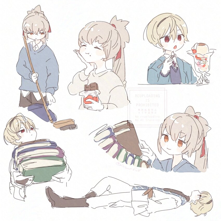 2boys :o ^_^ aged_down blonde_hair blush book book_stack broom candy chewing chocolate chocolate_bar cleaning closed_eyes closed_mouth contemporary dessert fire_emblem fire_emblem_fates food grey_hair highres holding holding_book holding_food holding_spoon leo_(fire_emblem_fates) male_focus multiple_boys multiple_views nintendo open_mouth orange_eyes parfait ponytail red_eyes short_hair simple_background smile sorane_amus spoon takumi_(fire_emblem) watermark white_background