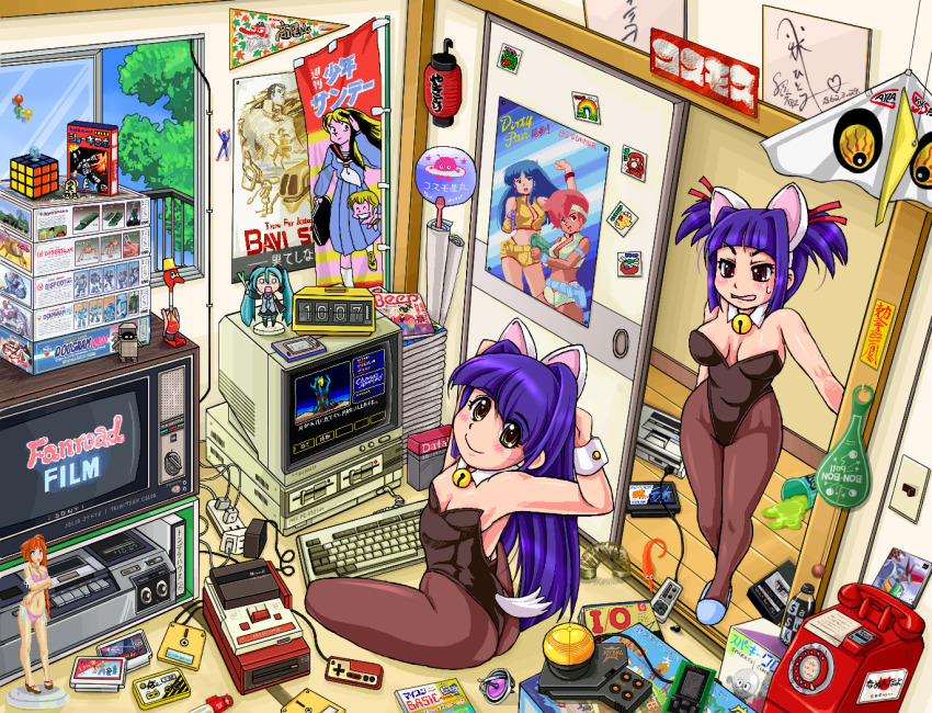 1980s_(style) 2girls absurdly_detailed_composition animal_ears annotated annoyed antique_phone aoshima_bunka_kyouzai ass autumn_leaves bavi_stock bell bigfoot_(combat_armor) bikkuriman black_legwear black_leotard blue_hair board_game bromry_eyevan_dt-2 brown_legwear cameo cat_ears chaos_angels clock collar commentary_request computer computer_keyboard controller corded_phone cosmo_hoshimaru cutter_lightan desert_gunner detached_collar dirty_pair door dougram drinking_bird energy_gun extra_ears famicom famicom_disk_system fanroad figure flag flip_clock floppy_disk from_above fusuma game_&amp;_watch game_cartridge game_console game_controller gyroscope hachune_miku hair_intakes hair_ribbon hand_fan hatsune_miku hudson_shooting_watch jingle_bell kei_(dirty_pair) kittysuit lantern leaf leotard light_switch loaded_interior long_hair looking_at_viewer looking_back lum lyrical_nanoha magazine_(object) mahou_shoujo_lyrical_nanoha_strikers maple_leaf model monitor multiple_girls nanashi&#039;s_elder_sister_(bunny) nanashi_(bunny) nanashi_mushi nec_pc-8801 neck_bell nendoroid nintendo nontraditional_playboy_bunny oldschool open_door original otaku ougon_senshi_gold_lightan pantyhose paper_fan payphone pennant phone poster_(object) power_strip programming_(topic) railing ray_gun red_eyes retro_artstyle revision ribbon robodacchi room rotary_phone rubik&#039;s_cube shikishi_(object) shogi side_ponytail sidelocks sitting sky sliding_doors slippers smile sony spring_onion sticker sweatdrop swimsuit tagme tail taiyou_no_kiba_dougram takamachi_nanoha tatami television ten_(urusei_yatsura) tengu tondera_house_no_daibouken toy trailer translated tree uchiwa urusei_yatsura videocassette videocassette_recorder vocaloid walk-in weapon white_collar wide_hips window yamabushi_tengu yellow_eyes yuri_(dirty_pair) zunou_senkan_galg