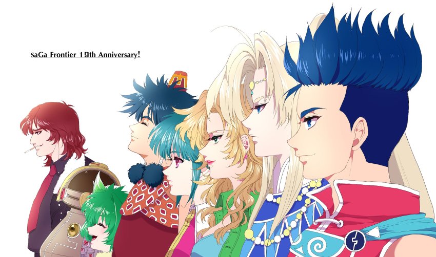 2girls asellus_(saga_frontier) blonde_hair blue_(saga_frontier) blue_eyes blue_hair breasts brown_hair closed_mouth dress earrings emilia_(saga_frontier) green_eyes green_hair highres jewelry long_hair lute_(saga_frontier) mecha multiple_boys multiple_girls open_mouth ponytail red_(saga_frontier) red_eyes riki_(saga) robot saga saga_frontier short_hair simple_background smile t260g_(saga) white_background