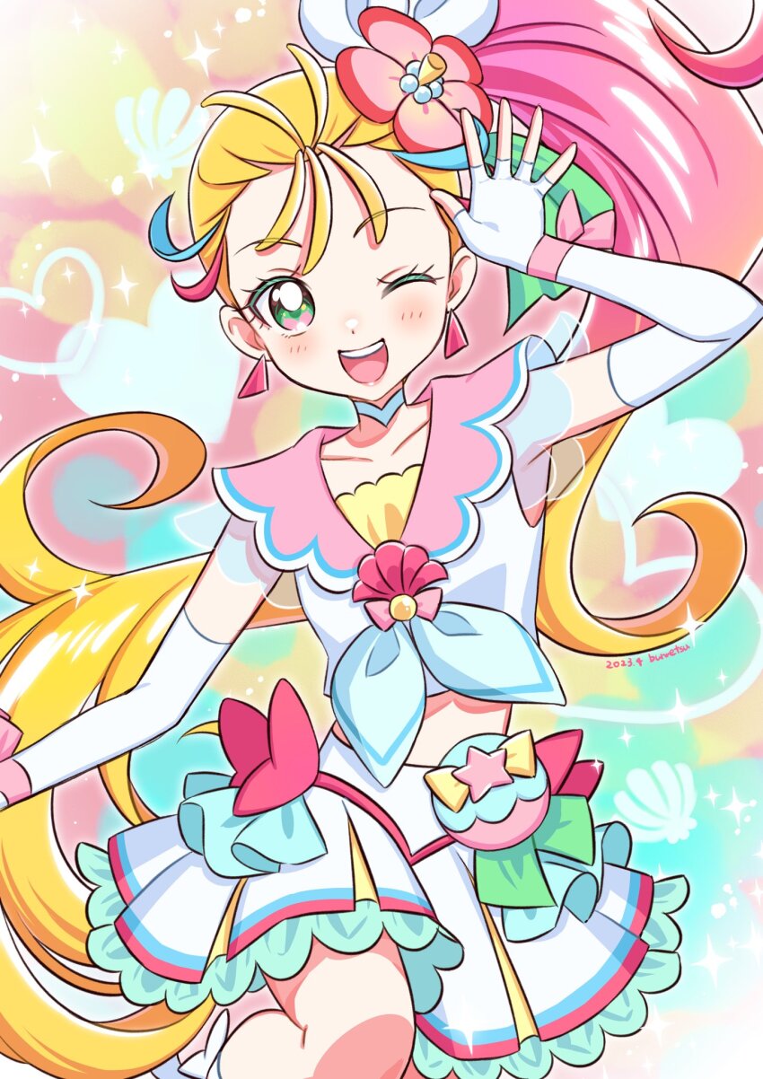 1girl ankle_bow ankle_ribbon blonde_hair bow bun_(jewd5385) choker cure_summer earrings elbow_gloves eyelash_ornament fingerless_gloves flower glove_bow gloves gradient_background green_eyes hair_flower hair_ornament heart heart_in_eye highres jewelry long_hair looking_at_viewer magical_girl midriff multicolored_background multicolored_hair natsuumi_manatsu one_eye_closed open_mouth pink_hair pink_sailor_collar pouch precure ribbon sailor_collar side_ponytail skirt smile solo symbol_in_eye triangle_earrings tropical-rouge!_precure very_long_hair white_choker white_gloves wrist_bow