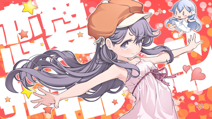 0_0 2girls bakemonogatari blush breasts cabbie_hat chibi chibi_inset commentary_request cosplay dress dual_persona empire_waist floating_hair grey_eyes grey_hair hat heart kazahana_yuki long_hair looking_at_viewer monogatari_(series) multiple_girls onikko_hunter_tsuina-chan outstretched_arms pekenpon pink_dress red_background ren&#039;ai_circulation sengoku_nadeko sengoku_nadeko_(cosplay) sleeveless sleeveless_dress small_breasts smile song_name spread_arms star_(symbol) text_background upper_body v-shaped_eyebrows white_dress