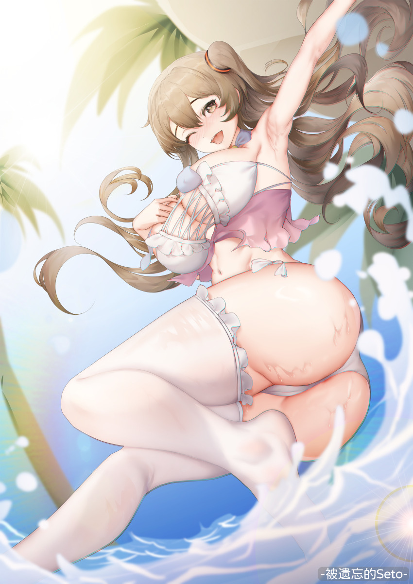 1girl ;d absurdres arm_up armpits ass beach blush breasts brown_eyes brown_hair crop_top cross-laced_clothes cross-laced_top curly_hair day from_below full_body girls&#039;_frontline girls&#039;_frontline_2:_exilium hair_between_eyes hand_on_own_chest highres k2_(girls&#039;_frontline) large_breasts legs long_hair looking_at_viewer looking_down midriff navel ocean one_eye_closed open_mouth outdoors panties side_ponytail smile solo splashing standing standing_on_one_leg thatob thighhighs thighs underwear variant_set very_long_hair wet wet_clothes white_panties yoohee_(girls&#039;_frontline_2) yoohee_(miracle_sweetheart)_(girls&#039;_frontline_2)