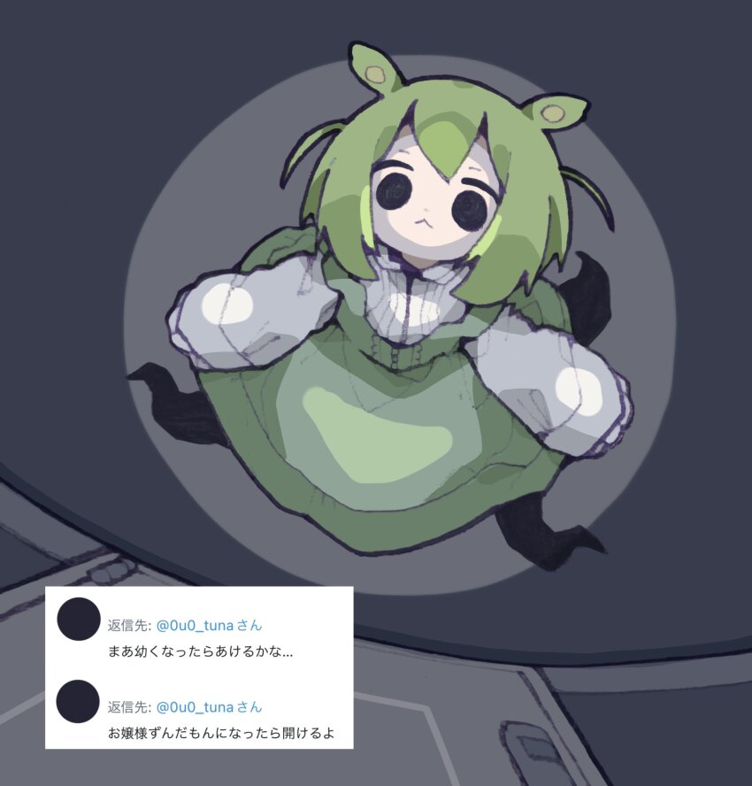 1girl :&lt; alternate_costume arms_at_sides black_eyes closed_mouth commentary_request door double_strap_slip dress from_above green_hair highres long_sleeves looking_at_viewer looking_up nikamoka no_sclera ojou-sama_zundamon pinafore_dress screenshot_inset shirt short_hair sleeveless sleeveless_dress sleeves_past_wrists solo spotlight tentacle_legs translation_request tweet voicevox white_shirt zundamon