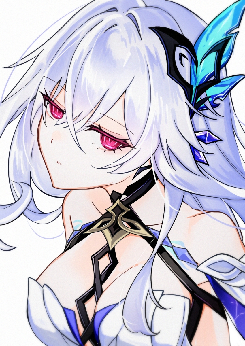 1girl bare_shoulders breasts cleavage genshin_impact hair_intakes hair_ornament halterneck haru_(eharuru_32) highres large_breasts long_hair looking_at_viewer pink_eyes simple_background skirk_(genshin_impact) solo upper_body white_background white_hair