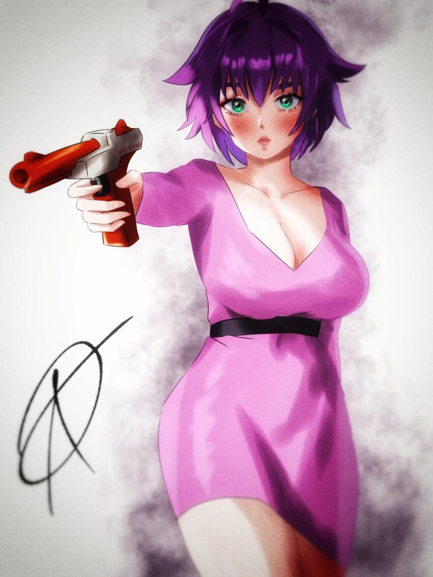 1girl aiming arm_behind_back artist_name breasts cleavage covered_navel dress green_eyes gun highres large_breasts legs looking_at_viewer original parted_lips purple_hair red_lips reedeemedright solo thighs weapon yukino_akaihi yukino_memories