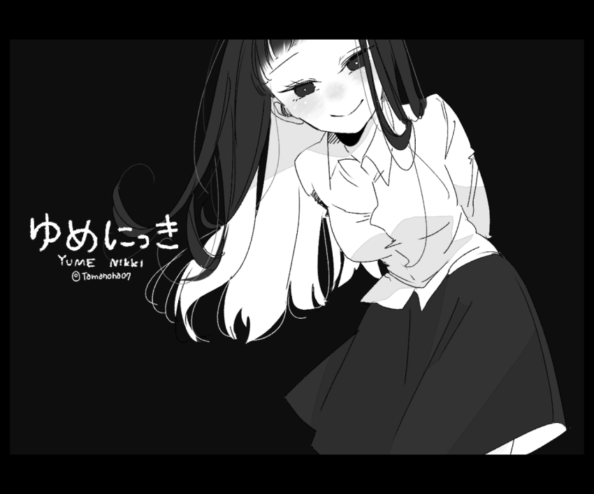 1girl :&gt; arms_behind_back black_background black_eyes black_hair black_skirt breasts collared_shirt colored_inner_hair commentary_request copyright_name empty_eyes english_text large_breasts letterboxed long_hair looking_at_viewer looking_down monochrome monoe multicolored_hair shirt simple_background skirt smile solo tamanoha_(cookware) twitter_username white_hair white_shirt yume_nikki