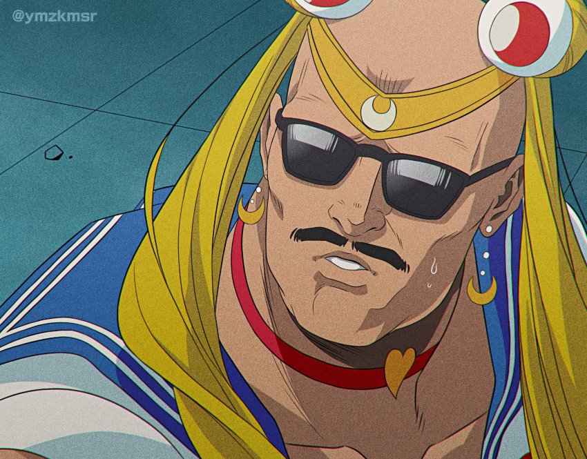 1boy bishoujo_senshi_sailor_moon bishoujo_senshi_sailor_moon_s blonde_hair blue_sailor_collar choker city_hunter collarbone cosplay crescent crescent_earrings crossdressing crossdressing_(mtf) dark_skin derivative_work diadem earrings facial_hair film_grain heart heart_choker highres jewelry long_hair male_focus meme mustache sailor_collar sailor_moon sailor_moon_(cosplay) sailor_moon_redraw_challenge_(meme) solo sunglasses twintails twitter_username umibozu_(city_hunter) upper_body ymzkmsr