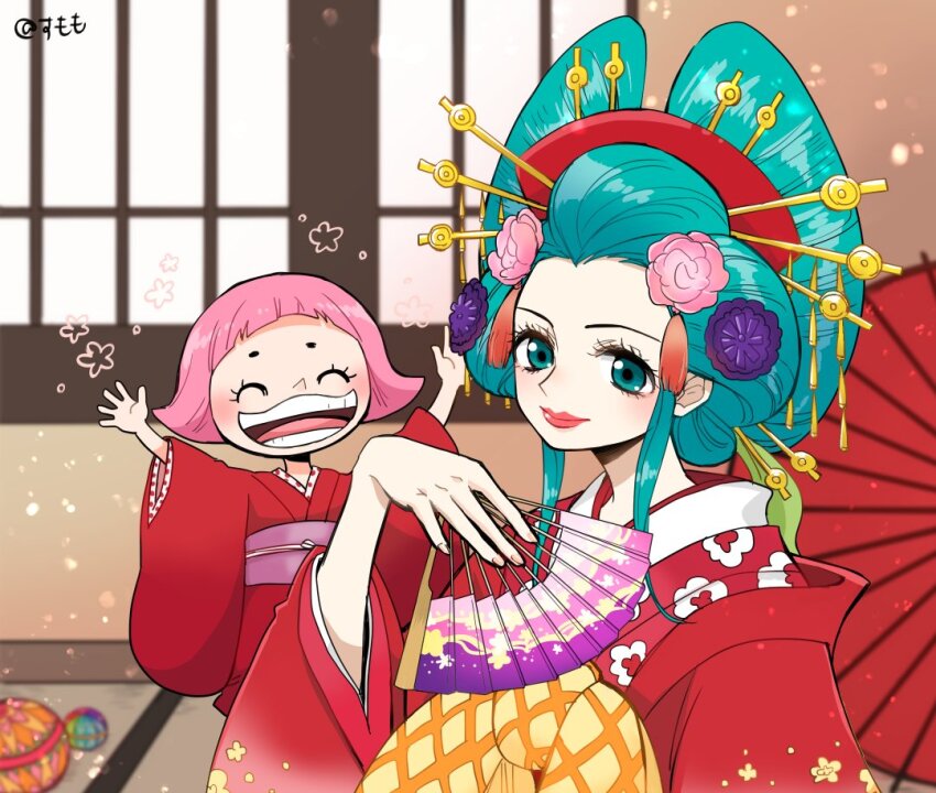 2girls ^_^ aqua_eyes aqua_hair child closed_eyes commentary_request hair_ornament hand_fan holding holding_fan japanese_clothes kanzashi kimono kouzuki_hiyori looking_at_viewer multiple_girls obi oiran one_piece open_mouth pink_hair pink_lips red_kimono sash short_hair sidelocks smile sparkle sumomo_(momoringo56) toko_(one_piece) waving wide_sleeves yellow_sash