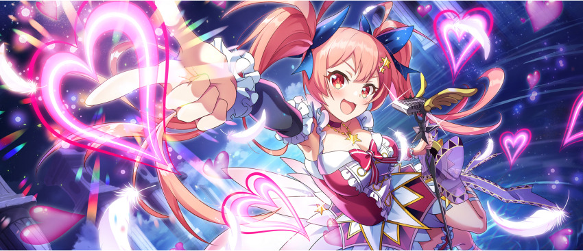 1girl :3 arm_up armpit_crease blue_ribbon blue_sleeves bow breasts choker cleavage collarbone detached_sleeves double-parted_bangs dress dress_bow erika_(konosuba) falling_feathers feathers finger_gun frilled_sleeves frills game_cg hair_ornament hair_ribbon hairpin heart high-low_dress highres holding holding_microphone_stand idol idol_clothes jewelry kono_subarashii_sekai_ni_shukufuku_wo! konosuba!_fantastic_days large_breasts leg_up light_blush long_hair looking_at_viewer microphone microphone_stand official_alternate_costume official_art open_mouth pendant pink_bow pink_choker pink_dress pink_eyes pink_hair ribbon short_dress shure_55sh sidelocks solo stage standing standing_on_one_leg star_(symbol) star_hair_ornament star_pendant too_many too_many_hearts twintails two-tone_dress v-shaped_eyebrows very_long_hair white_dress white_feathers