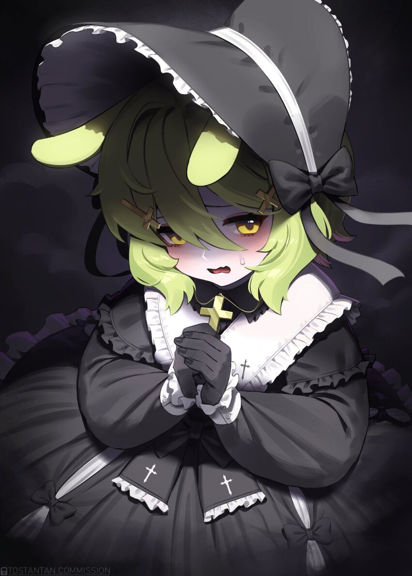 1girl animal_ears black_bow black_dress black_gloves bonnet bow commentary commission cross cross_hair_ornament cross_necklace dress english_commentary frilled_shirt_collar frilled_sleeves frills gloves green_hair hair_between_eyes hair_ornament highres jewelry long_sleeves looking_at_viewer necklace open_mouth original own_hands_clasped own_hands_together puffy_long_sleeves puffy_sleeves shaded_face short_hair solo sweatdrop tostantan wavy_mouth yellow_eyes