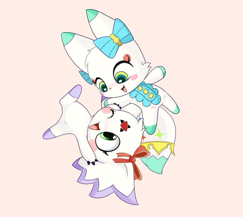 absurdres blush culumon digimon digimon_(creature) green_eyes happy highres looking_at_another one_eye_closed smile wink world_of_final_fantasy zero_unit
