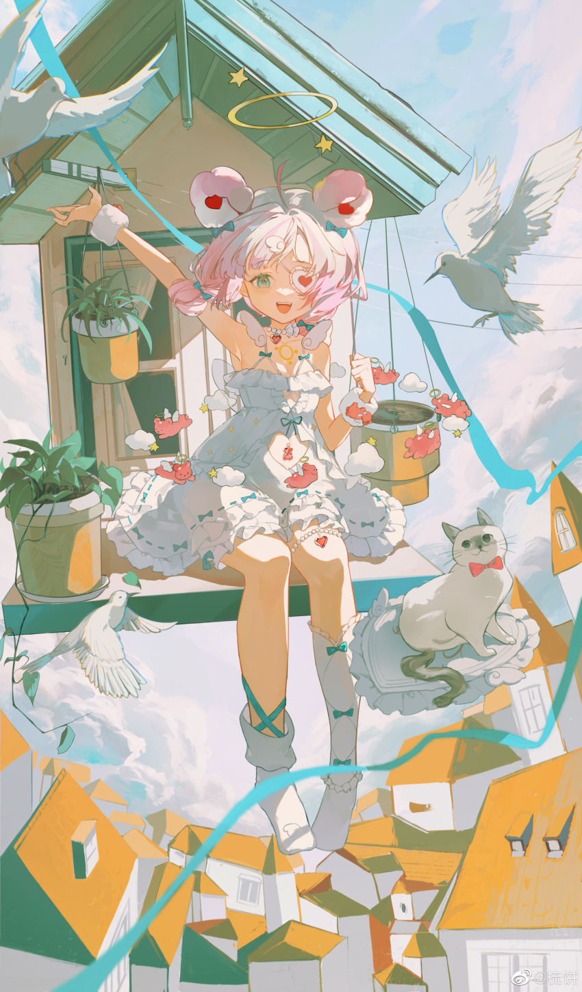 1girl absurdres animal bird bow cat cloud double_bun dress flower frilled_dress frills full_body green_eyes hair_bun halo heterochromia highres looking_at_viewer open_mouth original pink_hair plant potted_plant red_eyes shu_bing sitting sky smile socks solo white_bird white_dress