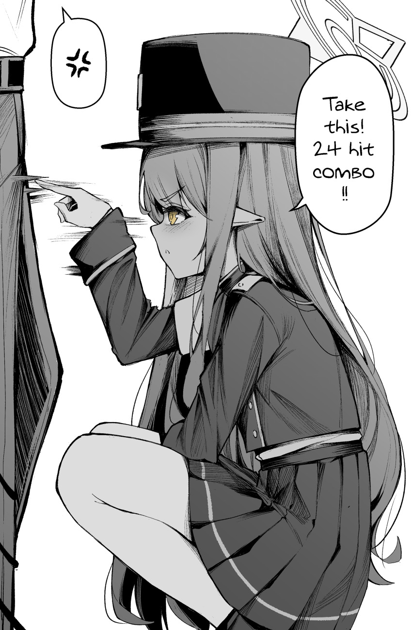 1boy 1girl absurdres anger_vein blue_archive clover_dot_(clov_erd) english_text gloves halo hat highres hikari_(blue_archive) jacket long_hair long_sleeves pants peaked_cap pleated_skirt pointy_ears poking skirt solo_focus speech_bubble spoken_anger_vein squatting standing white_background yellow_eyes