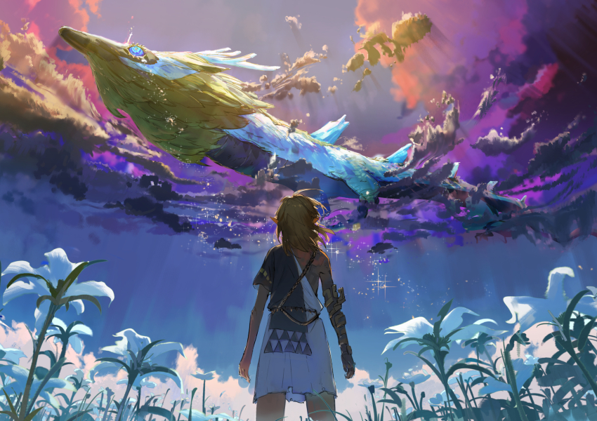 1boy antlers armor arms_at_sides ashorz blonde_hair blue_eyes blue_sky cloud facing_away field flower flower_field from_behind from_below greaves highres horns light_dragon_(zelda) link medium_hair nintendo outdoors pointy_ears purple_clouds scenery single_bare_shoulder single_greave sky sparkle standing the_legend_of_zelda the_legend_of_zelda:_tears_of_the_kingdom toga white_flower wide_shot