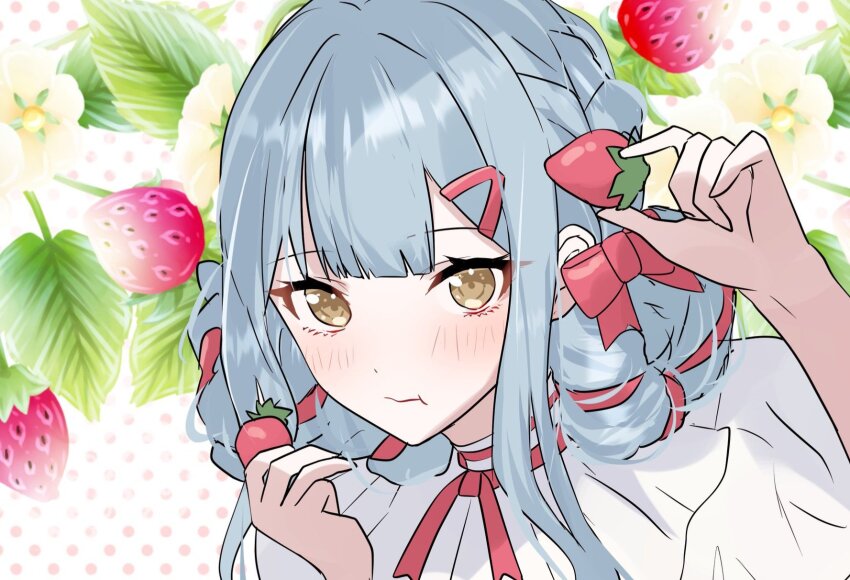 1girl :t arm_up bang_dream! bang_dream!_it&#039;s_mygo!!!!! blunt_bangs blush bow braid closed_mouth commentary_request double_bun eating floral_background flower food fruit grey_hair hair_bow hair_bun hair_ornament hair_ribbon hairclip hand_up highres holding holding_food holding_fruit houji_tea_latte neck_ribbon official_alternate_costume official_alternate_hairstyle polka_dot polka_dot_background portrait red_bow red_ribbon ribbon shirt sidelocks solo strawberry strawberry_background togawa_sakiko white_background white_flower white_shirt yellow_eyes