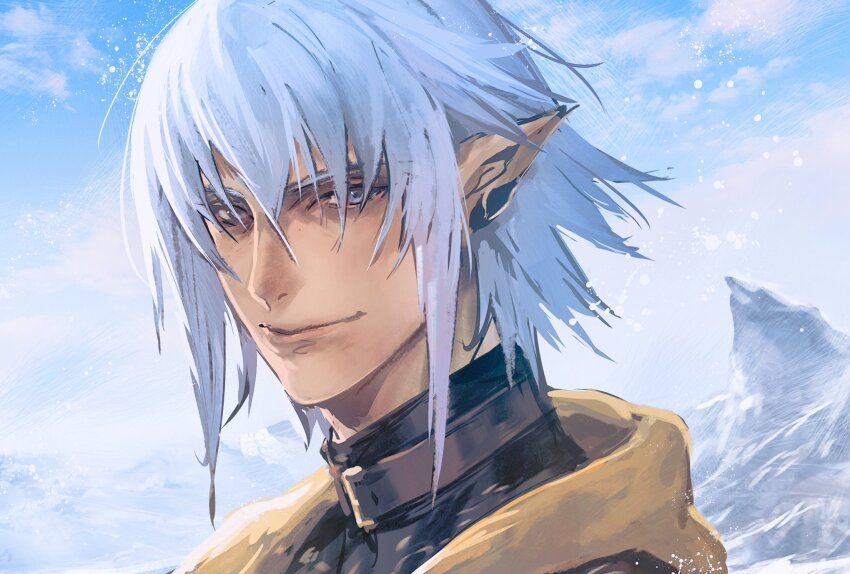 1boy black_shirt closed_mouth cloud cloudy_sky commentary_request elezen elf final_fantasy final_fantasy_xiv grey_eyes hair_between_eyes haurchefant_greystone highres hood hood_down kin_mokusei looking_at_viewer male_focus mountain pointy_ears portrait shirt sky smile snowing solo white_hair yellow_hood