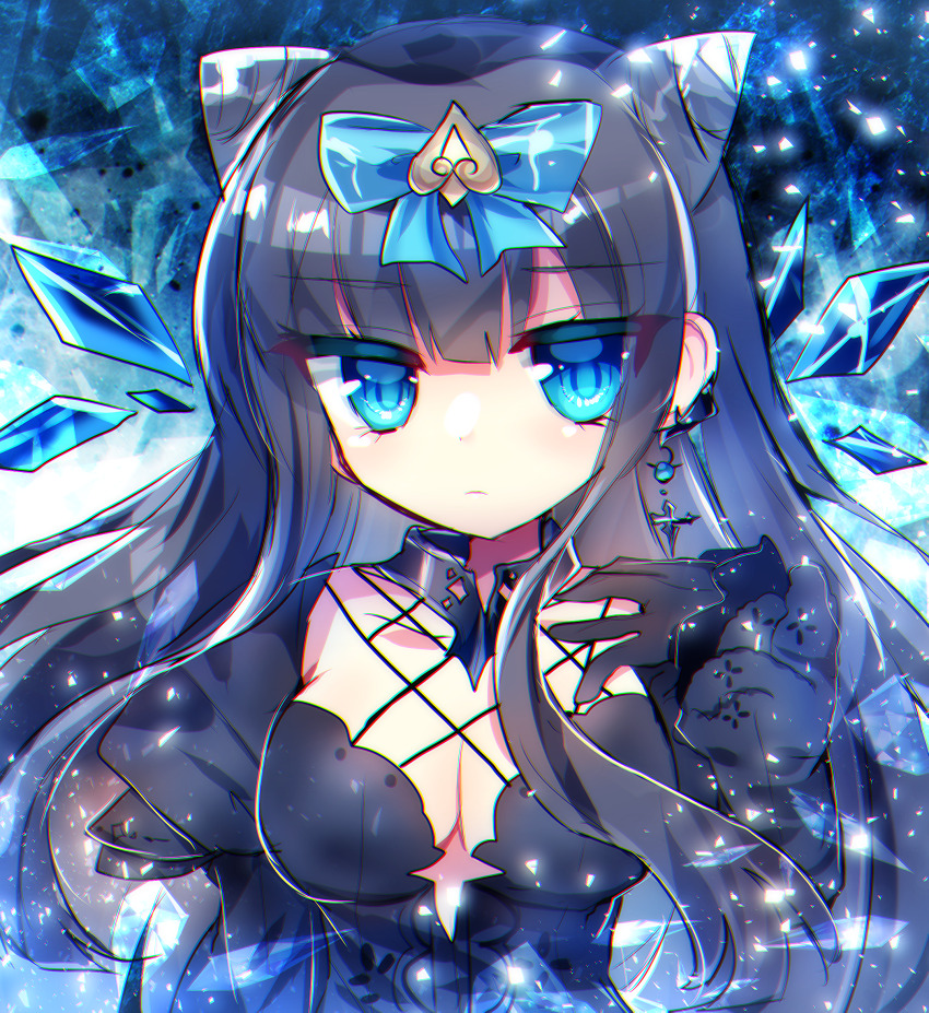 1girl arcaea bare_shoulders black_dress black_gloves black_hair blue_eyes blunt_bangs bow breasts butterfly_hair_ornament chisen_maimai cleavage collarbone crystal_wings dress earrings gloves hair_bow hair_ornament highres jewelry large_breasts long_hair long_sleeves solo tairitsu_(arcaea) tairitsu_(tempest)_(arcaea)