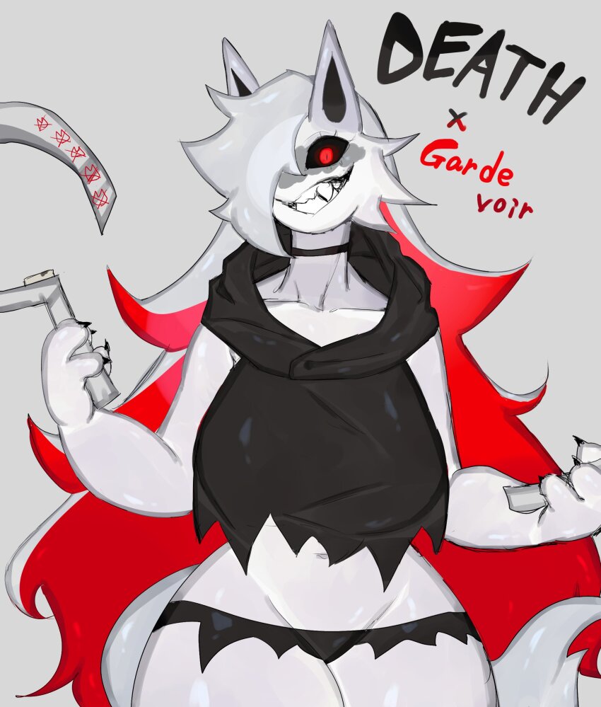 absurdres animal_ears black_nails black_sclera breasts choker colored_sclera colored_skin crazy_smile death_(puss_in_boots) fusion gardevoir gen_3_pokemon glaring grey_hair grey_skin highres hood large_breasts looking_at_viewer midriff multicolored_hair navel nintendo pokemon pokemon_(creature) puss_in_boots:_the_last_wish red_eyes shrek_(series) sickle smile thick_thighs thighs togetoge wide_hips