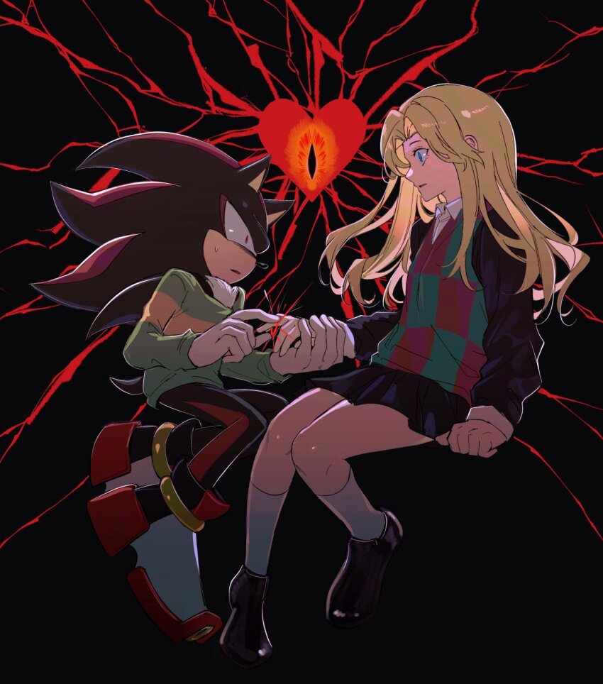 1boy 1girl animal_ears animal_nose black_doom black_shirt black_shoes black_skirt blonde_hair blue_eyes checkered_clothes checkered_vest collared_shirt commentary cosplay deltarune english_commentary furry furry_male gloves green_shirt heart hedgehog_boy highres holding_hands jewelry junjousega kris_(deltarune) kris_(deltarune)_(cosplay) long_hair maria_robotnik noelle_holiday noelle_holiday_(cosplay) red_eyes ring shadow_the_hedgehog shirt shoes skirt socks sonic_(series) striped_clothes striped_shirt tail vest weird_route_(deltarune) white_gloves white_shirt white_shoes white_socks