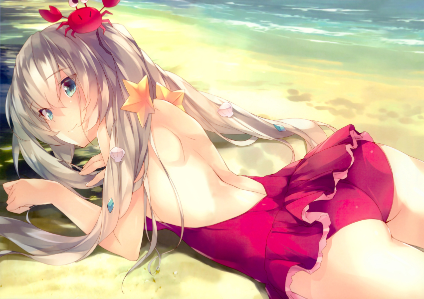 1girl absurdres amami_mikihiro ass backless_outfit beach bikini blue_eyes casual_one-piece_swimsuit crab day fate/grand_order fate_(series) female_focus hair_between_eyes highres long_hair looking_at_viewer looking_back lying marie_antoinette_(fate) marie_antoinette_(swimsuit_caster)_(first_ascension)_(fate) on_stomach one-piece_swimsuit outdoors red_bikini red_one-piece_swimsuit silver_hair solo starfish_hair_ornament swimsuit twintails very_long_hair