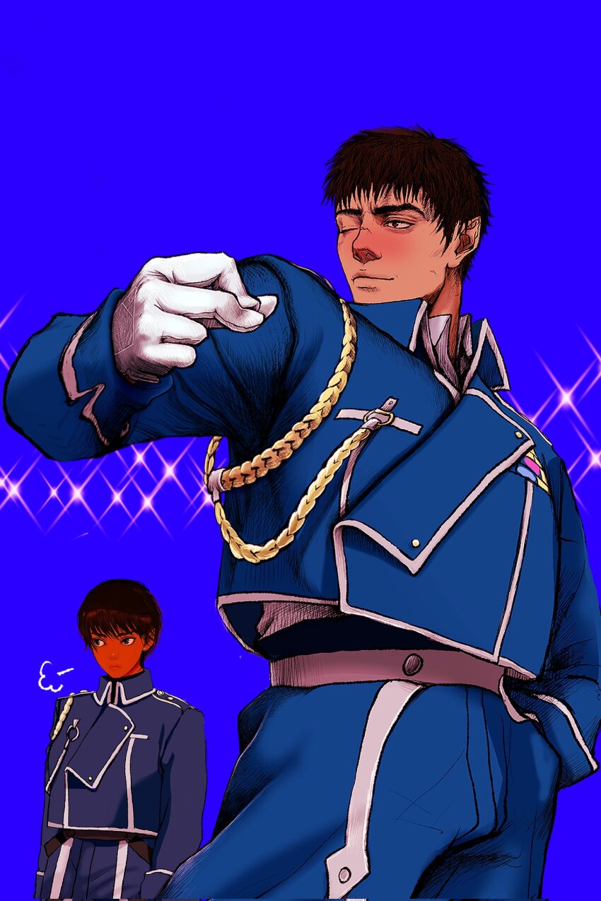 1boy 1girl aiguillette amestris_military_uniform arms_at_sides berserk black_hair blue_jacket blue_pants blue_theme casca_(berserk) cosplay dark-skinned_female dark_skin fullmetal_alchemist guts_(berserk) hand_in_pocket hashtag-only_commentary highres jacket long_sleeves military_uniform nisino2222 one_eye_closed pants pointy_ears riza_hawkeye riza_hawkeye_(cosplay) roy_mustang roy_mustang_(cosplay) scar scar_on_face scar_on_nose short_hair sideways_glance sigh simple_background smug spiked_hair white_pants