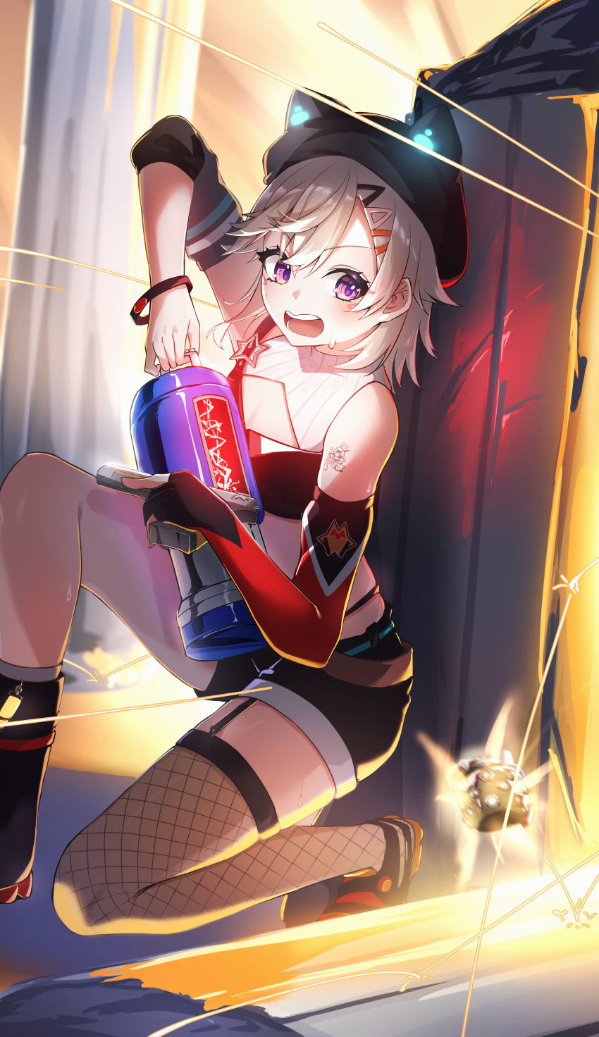 1girl absurdres animal_hat apex_legends asymmetrical_legwear bare_shoulders black_hat boots bracelet cat_hat cleavage_cutout clothing_cutout crop_top detached_sleeves elbow_gloves electricity explosive fishnet_thighhighs fishnets garter_straps gloves grenade grey_hair gun hair_between_eyes hair_ornament hairpin handgun hat highres holding holding_gun holding_weapon imminent_explosion jewelry komori_met komori_met_(5th_costume) mismatched_shoes multiple_hairpins on_one_knee open_mouth panty_straps purple_eyes ryo-taso short_shorts shorts sideways_glance single_boot single_detached_sleeve single_elbow_glove single_fishnet_legwear single_garter_strap single_thighhigh solo sweatdrop swept_bangs taking_cover thighhighs triangle_hair_ornament virtual_youtuber vspo! weapon
