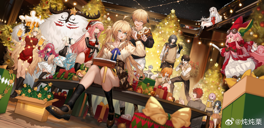 5boys 6+girls ahoge alcohol alternate_costume arlizi arms_behind_back arthropod_limbs artoria_caster_(fate) artoria_pendragon_(fate) back_cutout baobhan_sith_(fate) bare_shoulders barghest_(fate) beer beer_mug bench black_bow black_bowtie black_dress black_footwear black_gloves black_hair black_hoodie black_pants black_scarf black_skirt black_socks black_thighhighs blonde_hair blue_eyes blue_hair blue_ribbon blurry boots bow bowtie box braid brown_footwear brown_jacket brown_skirt brown_sweater cernunnos_(fate) christmas christmas_lights christmas_ornaments christmas_present christmas_star christmas_tree christmas_wreath clapping cleavage_cutout closed_eyes closed_mouth clothing_cutout cnoc_na_riabh_(fate) crossed_legs cup depth_of_field dress drink drum drum_set drumsticks elbow_gloves emiya_shirou fake_facial_hair fake_mustache fate/grand_order fate_(series) foam foreshortening fou_(fate) fujimaru_ritsuka_(female) fujimaru_ritsuka_(male) fur-trimmed_gloves fur-trimmed_headwear fur-trimmed_leotard fur_shawl fur_trim gareth_(fate) gift gloves gradient_hair green_eyes green_hat grey_hair grey_shirt grey_sweater habetrot_(fate) hair_between_eyes hair_bow hair_flaps hair_ornament hair_over_one_eye hair_scrunchie hairclip hand_in_pocket hand_on_own_chin hand_up hat high-waist_skirt high_heel_boots high_heels highres holding holding_cup holding_drumsticks holding_gift holding_microphone hood hoodie horns indoors instrument jacket kneehighs leonardo_da_vinci_(fate) leonardo_da_vinci_(fate/grand_order) leonardo_da_vinci_(rider)_(fate) leotard light_blush long_hair long_sleeves looking_ahead looking_at_another mash_kyrielight medb_(fate) melusine_(fate) microphone morgan_le_fay_(fate) mug multicolored_hair multicolored_hat multicolored_hoodie multiple_boys multiple_girls music night oberon_(fate) oberon_(third_ascension)_(fate) one_side_up open_mouth orange_hair orange_scrunchie orange_skirt pants party percival_(fate) perspective pink_eyes pink_hair pinky_out plaid_clothes plaid_skirt playing_instrument pointy_ears ponytail purple_eyes purple_hair red_dress red_gloves red_hair red_hat red_jacket red_leotard red_scarf revision ribbon romani_archaman santa_costume scarf scrunchie senji_muramasa_(fate) shawl shirt shoes short_dress short_hair singing sitting skirt sleeveless sleeveless_dress smile snow socks spoilers standing star_(sky) star_(symbol) stomach_cutout streaked_hair sweater sweater_dress sweater_vest teeth thigh_boots thighhighs tiara turtleneck turtleneck_sweater twintails upper_teeth_only watermark weibo_watermark white_dress white_hair white_pants white_shirt wreath yellow_eyes yellow_shirt yellow_sweater_vest