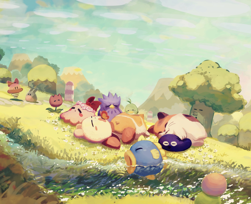 absurdres bird blob blue_sky bouncy_(kirby) bug butterfly cat chuchu_(kirby) coo_(kirby) fish flower gooey_(kirby) grass hamster highres hill insect kine_(kirby) kirby kirby&#039;s_dream_land_3 kirby_(series) mountain nago_(kirby) nintendo no_humans ocean_sunfish octopus owl pitch_(kirby) polof rabbit rick_(kirby) river sky sleeping suyasuyabi tree tulip tulip_(kirby) whispy_woods
