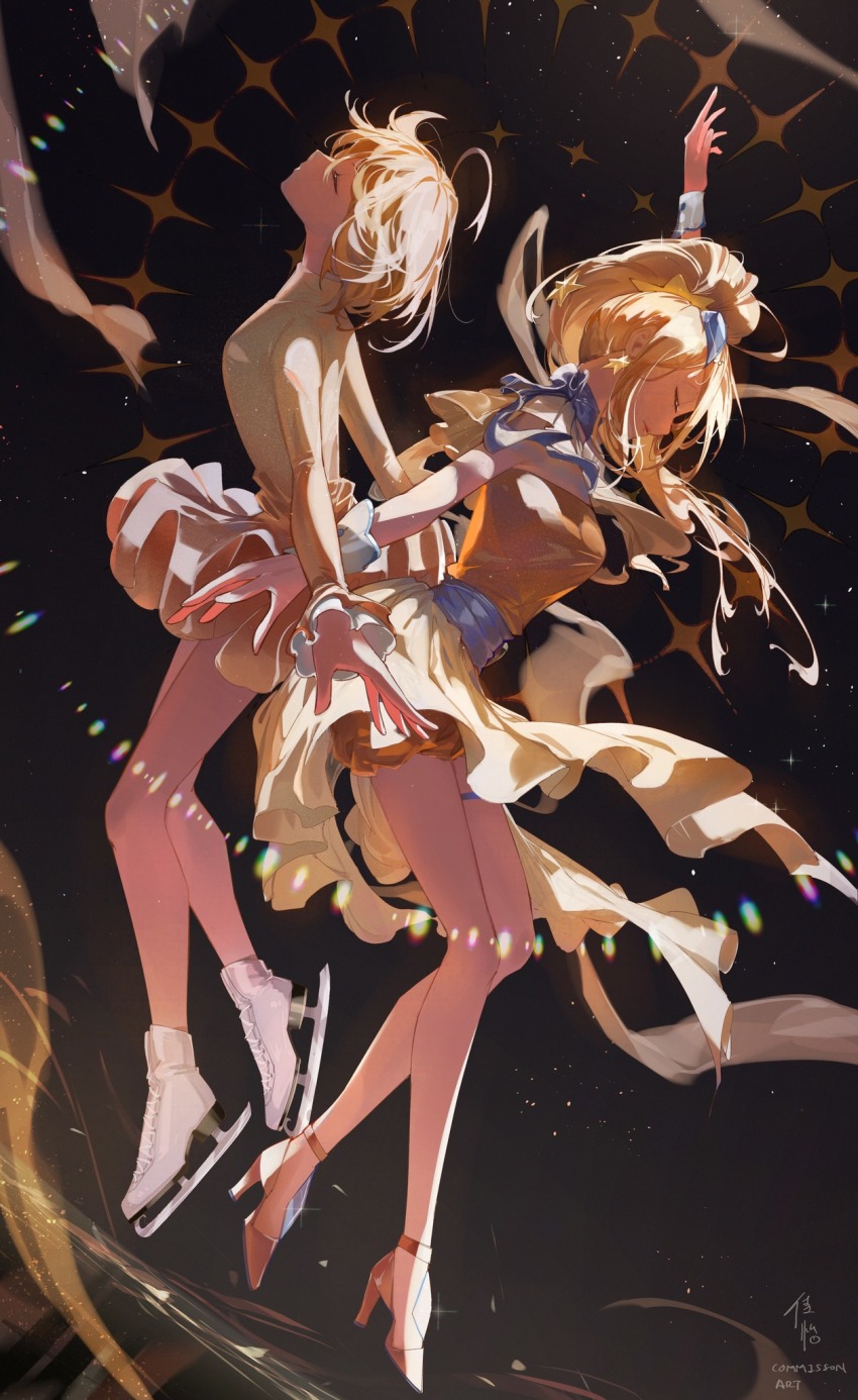 1girl 2girls bare_shoulders black_background blonde_hair breasts capelet choker closed_eyes commission cporing cure_etoile dress dual_persona figure_skating figure_skating_dress full_body hay heart_pouch high_heels highres hugtto!_precure ice_skates ice_skating kagayaki_homare long_hair long_sleeves medium_breasts multiple_girls orange_dress precure sash short_hair signature skates skating star_(symbol) yellow_capelet yellow_dress