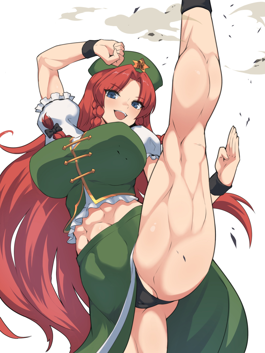 &gt;:) :d abs black_panties blue_eyes bow braid breasts cameltoe cowboy_shot debris dust_cloud fighting_stance floating_hair frilled_shirt frills from_below green_hat green_skirt green_vest hair_bow hat hat_ornament high_kick highres hong_meiling kicking lancer24 large_breasts long_hair looking_at_viewer muscular muscular_female navel open_mouth panties pantyshot parted_bangs red_hair shirt skirt smile split standing standing_on_one_leg standing_split star_(symbol) star_hat_ornament taut_clothes thick_thighs thighs touhou underwear v-shaped_eyebrows very_long_hair vest white_background wristband