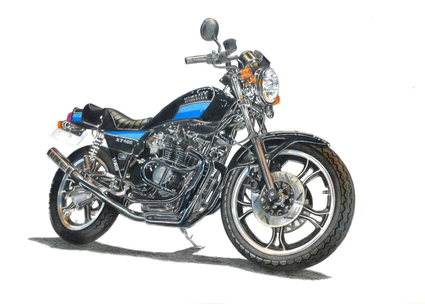 company_name exhaust_pipe highres license_plate motor_vehicle motorcycle no_humans original shadow solo traditional_media vehicle_focus vehicle_name wheel white_background yamaha yamaha_xj400 yur!