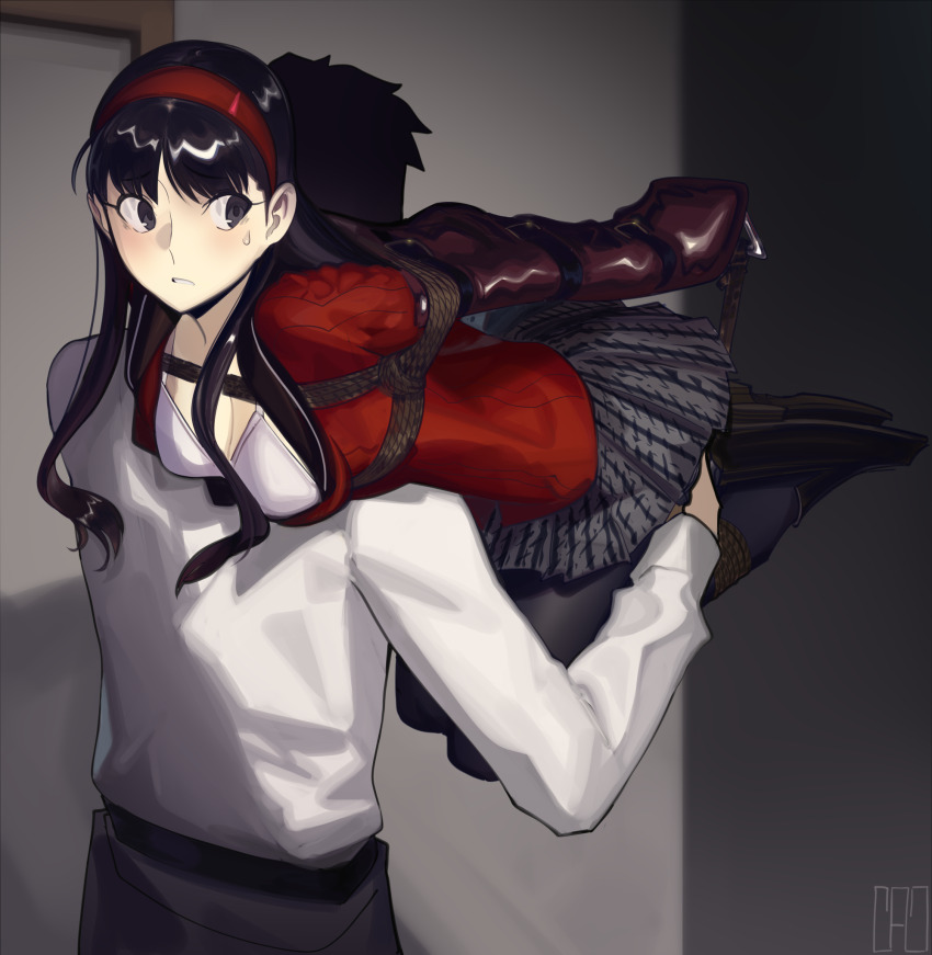 1boy 1girl abduction amagi_yukiko armbinder bdsm black_hair black_skirt bondage bound bra breasts cad_(caddo) carrying carrying_person commission highres kidnapped kidnapping miniskirt peril persona persona_5 red_shirt second-party_source shirt skirt tagme underwear white_bra