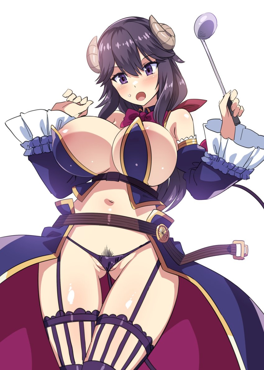 1girl :o absurdres areola_slip black_hair bow bowtie breasts cosplay crisis_management_form_(machikado_mazoku) demon_girl demon_horns detached_sleeves female_pubic_hair gluteal_fold harigane_shinshi highres holding holding_ladle horns huge_breasts ladle machikado_mazoku mature_female medium_hair navel open_mouth pubic_hair purple_eyes revealing_clothes simple_background solo sweatdrop thighhighs white_background yoshida_seiko yoshida_yuuko_(machikado_mazoku) yoshida_yuuko_(machikado_mazoku)_(cosplay)