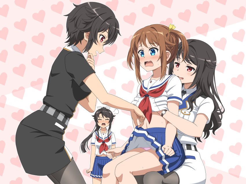 4girls black_hair black_legwear black_neckwear black_skirt blue_eyes blue_skirt brown_hair closed_eyes clothes_lift commentary_request cowboy_shot hand_under_clothes hand_under_shirt heart heart_background high_school_fleet highres hiraizumi_(mugenkidousha) long_hair mature_female military military_uniform misaki_akeno mother_and_daughter multiple_girls munetani_mafuyu munetani_mashimo munetani_mashiro neckerchief necktie open_mouth oyakodon_(sex) panties pantyhose pleated_skirt ponytail red_eyes red_neckwear school_uniform serafuku shirt short_hair short_sleeves siblings sisters sitting sitting_on_person skirt skirt_lift twintails underwear wavy_hair white_panties yokosuka_girls_marine_high_school_uniform yuri