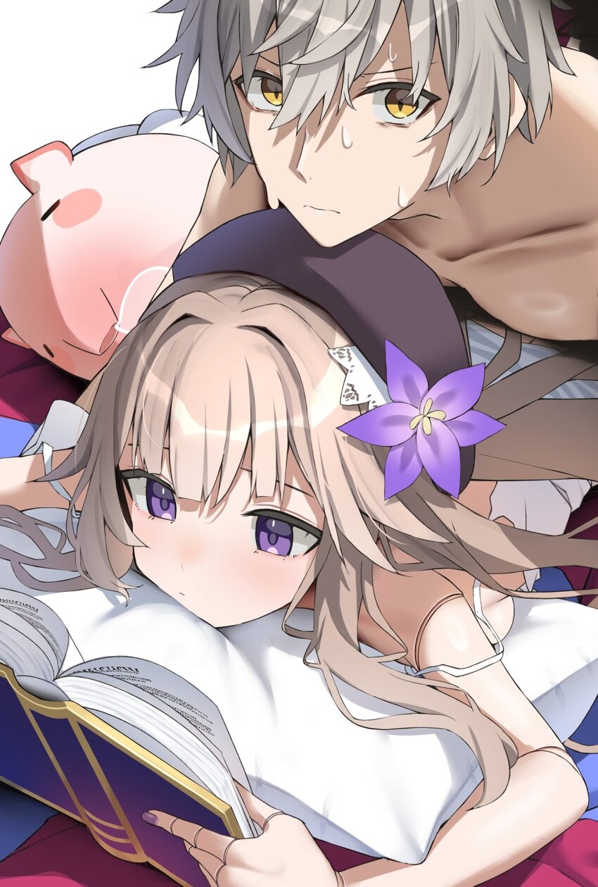 1boy 1girl black_hat blush book caelus_(honkai:_star_rail) camisole closed_mouth commentary_request doll_joints fingernails flower hair_between_eyes hat herta_(puppet)_(honkai:_star_rail) hetero highres holding holding_book honkai:_star_rail honkai_(series) implied_sex joints light_brown_hair long_hair looking_at_viewer lying nail_polish nidaime_(doronbo) nose_bubble off_shoulder on_stomach open_book panties pillow purple_eyes purple_flower simple_background striped_clothes striped_panties sweat topless_male trailblazer_(honkai:_star_rail) tuskpir_(honkai:_star_rail) underwear white_background white_camisole