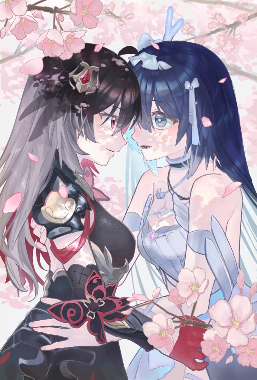 2girls absurdres bare_shoulders black_dress black_hair blue_eyes blue_hair cherry_blossoms commentary_request dappled_sunlight dress duoyun_de_tiankong forehead-to-forehead gloves grey_dress half_gloves hand_on_another&#039;s_hip heads_together highres honkai_(series) honkai_impact_3rd long_hair looking_at_another multicolored_hair multiple_girls open_mouth red_eyes red_gloves red_hair seele_(alter_ego) seele_vollerei seele_vollerei_(herrscher_of_rebirth) seele_vollerei_(starchasm_nyx) sunlight two-tone_hair very_long_hair