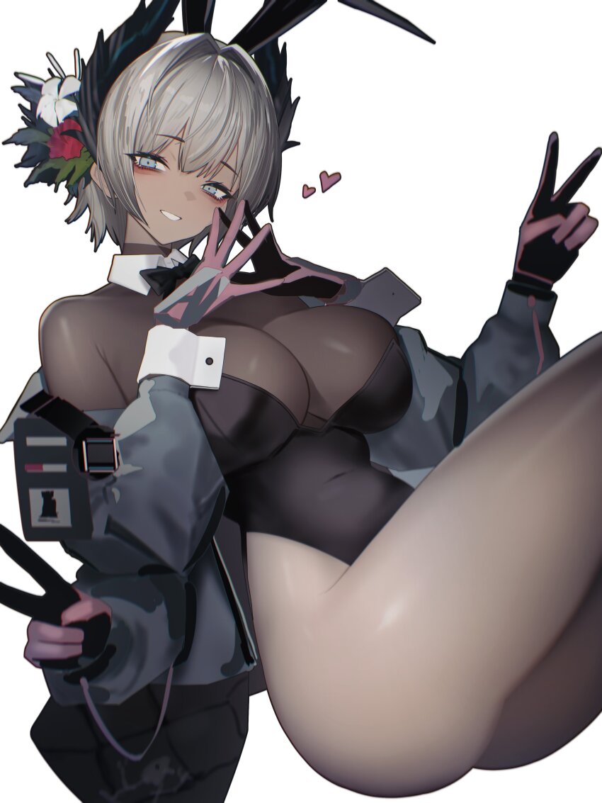 1girl absurdres alternate_costume animal_ears arknights bird_girl black_bodysuit black_bow black_bowtie black_gloves black_leotard blue_eyes bodystocking bodysuit bow bowtie breasts commentary covered_navel dark-skinned_female dark_skin detached_collar double-parted_bangs double_v extra_arms fake_animal_ears feet_out_of_frame flower gloves grey_hair grey_jacket hair_flower hair_intakes hair_ornament head_wings heart highleg highleg_leotard highres id_card jacket large_breasts leotard looking_at_viewer off_shoulder open_clothes open_jacket own_hands_together parted_lips pink_gloves playboy_bunny rabbit_ears raidian_(arknights) rhodes_island_logo_(arknights) short_hair simple_background smile solo steepled_fingers traditional_bowtie two-sided_gloves two-tone_gloves v vxdrq white_background wing_collar wings wrist_cuffs