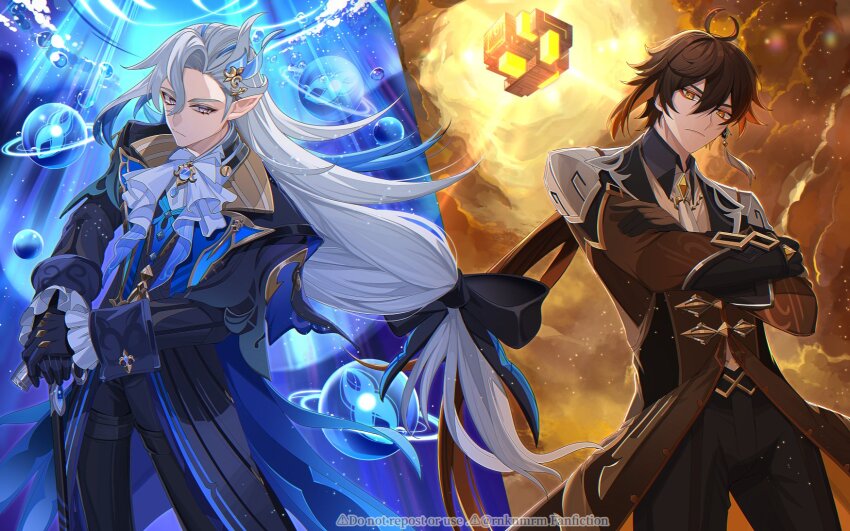 2boys air_bubble antenna_hair artist_name ascot asymmetrical_bangs black_bow black_gloves black_pants blue_coat blue_gloves blue_hair bow brooch brown_eyes brown_hair brown_jacket brown_shirt brown_vest bubble buttons cane closed_mouth cloud cloudy_sky coat collared_shirt commentary_request cowboy_shot earrings eyeliner floating_hair frilled_sleeves frills genshin_impact gloves hair_between_eyes hair_bow hair_ornament highres hiki_yuichi holding holding_cane jacket jewelry light_rays long_hair long_sleeves looking_at_viewer low-tied_long_hair low_ponytail makeup male_focus meteor multicolored_hair multiple_boys necktie neuvillette_(genshin_impact) pants parted_bangs pointy_ears ponytail purple_eyes red_eyeliner serious shirt single_earring sky sleeve_cuffs standing streaked_hair tassel tassel_earrings twitter_username underwater very_long_hair vest water watermark white_ascot white_hair white_necktie wing_collar zhongli_(genshin_impact)