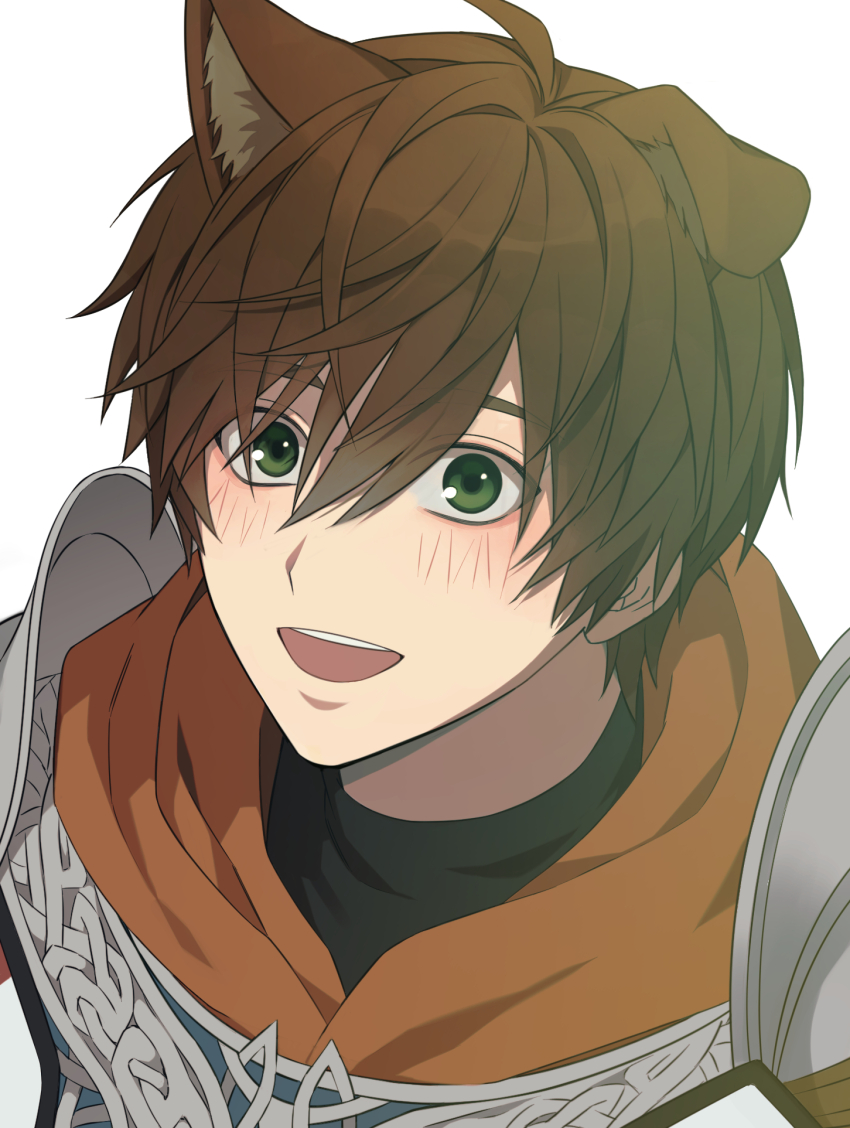 1boy alter_(mabinogi) animal_ear_fluff animal_ears armor black_shirt breastplate brown_hair commentary_request dog_boy dog_ears folded_ear green_eyes hair_between_eyes highres hood hood_down kemonomimi_mode knight korean_commentary looking_at_viewer mabinogi male_focus open_mouth parted_bangs pauldrons portrait ray_(lthenray) red_hood shirt shoulder_armor simple_background solo teeth turtleneck upper_body upper_teeth_only white_background